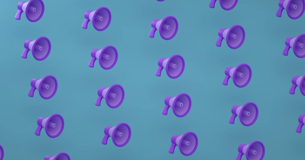 Bright purple megaphones pattern on a blue backdrop creating an abstract and modern visual.