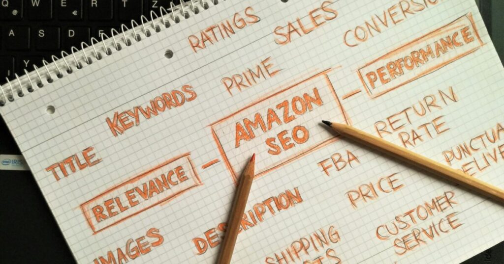 Notebook with handwritten Amazon SEO strategy topics highlighted on a keyboard.